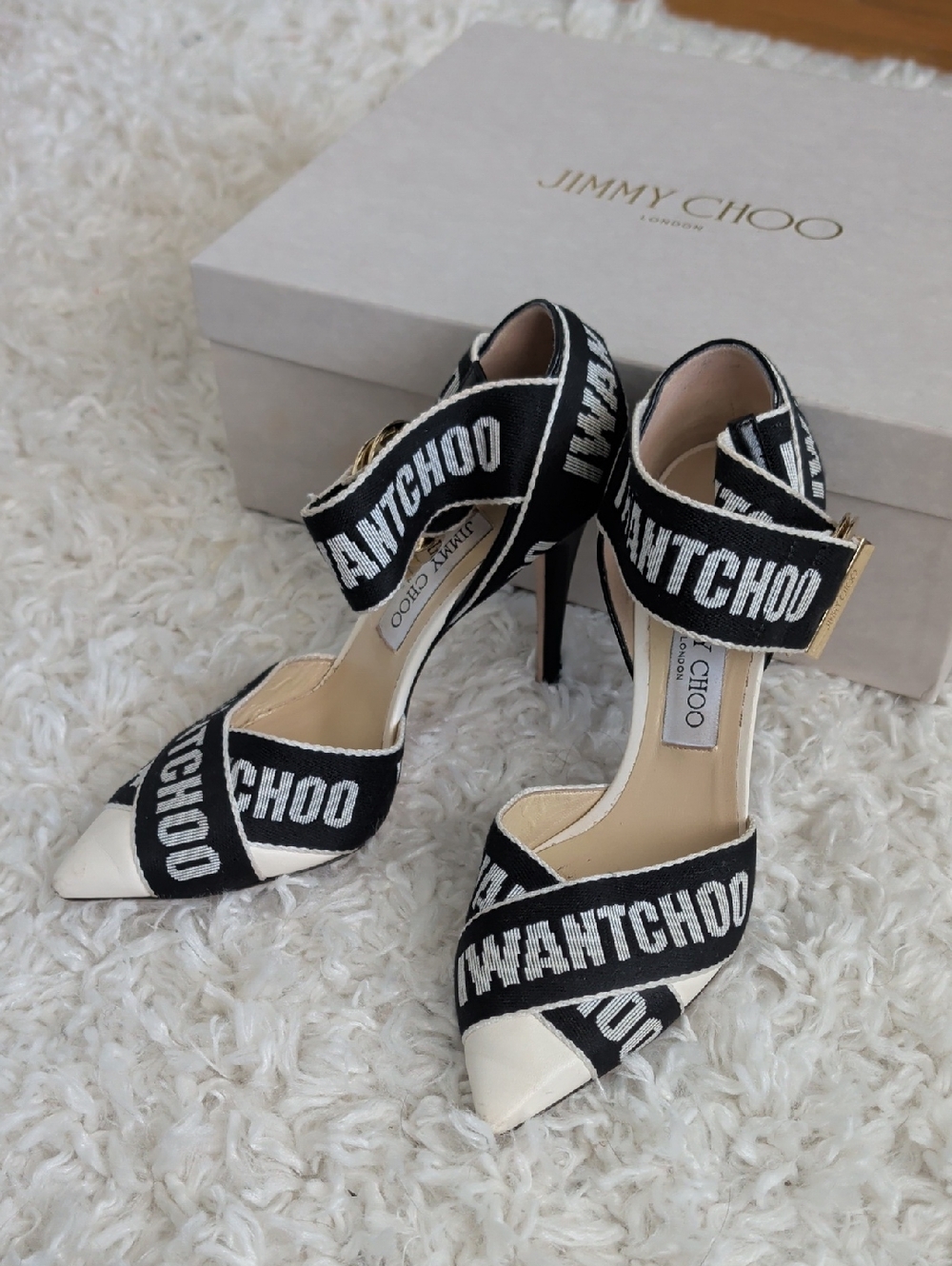Jimmy Choo Bea Black and White Logo Ankle-Strap Pointed Stilettos